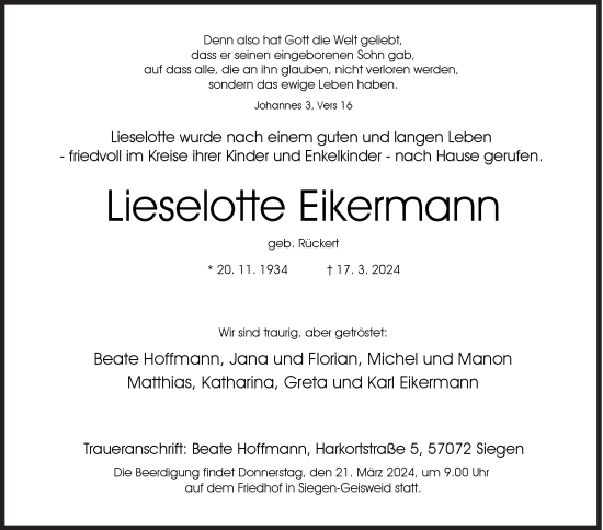 Traueranzeige von Lieselotte Eikermann von Siegener Zeitung