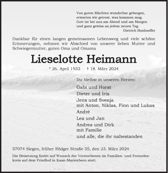 Traueranzeige von Lieselotte Heimann von Siegener Zeitung