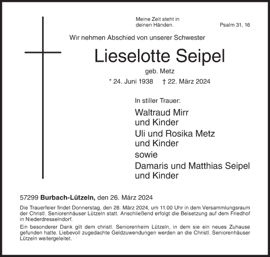 Traueranzeige von Lieselotte Seipel von Siegener Zeitung