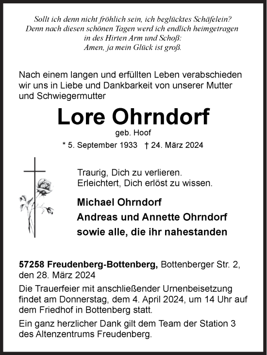 Traueranzeige von Lore Ohrndorf von Siegener Zeitung