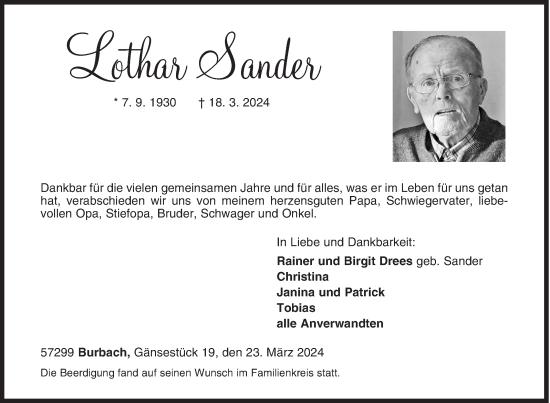 Traueranzeige von Lothar Sander von Siegener Zeitung