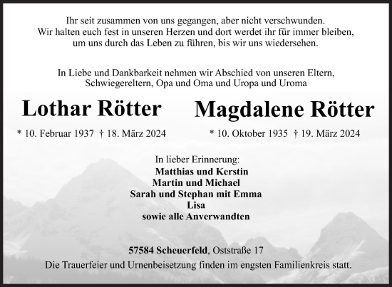 Traueranzeige von Lothar und Magdalene Rötter von Siegener Zeitung