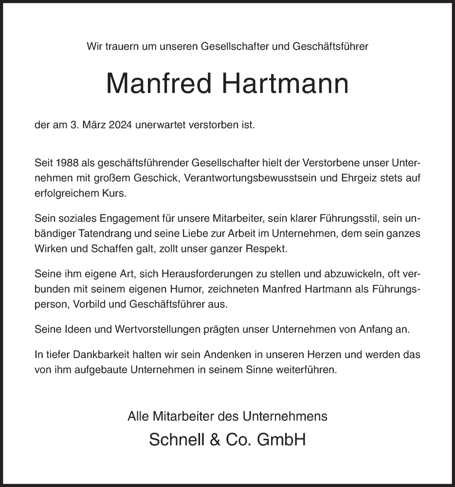  Traueranzeige für Manfred Hartmann vom 09.03.2024 aus Siegener Zeitung