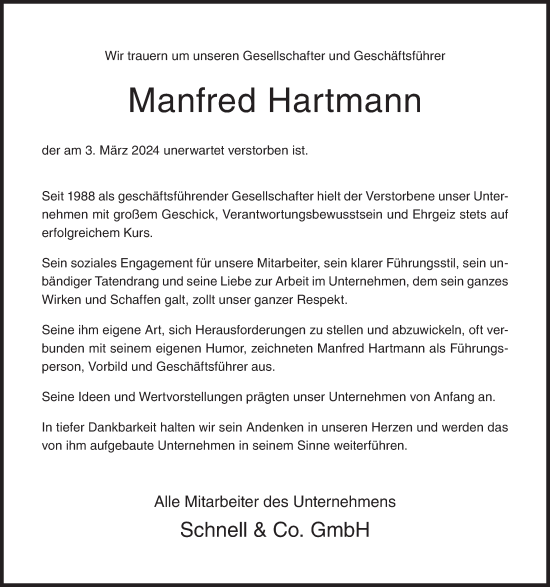 Traueranzeige von Manfred Hartmann von Siegener Zeitung