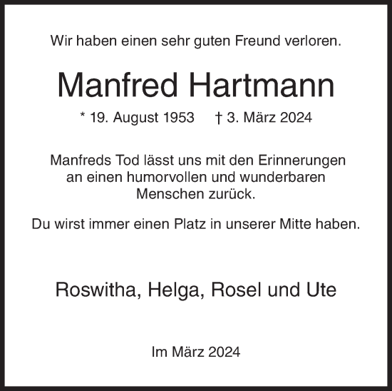 Traueranzeige von Manfred Hartmann von Siegener Zeitung