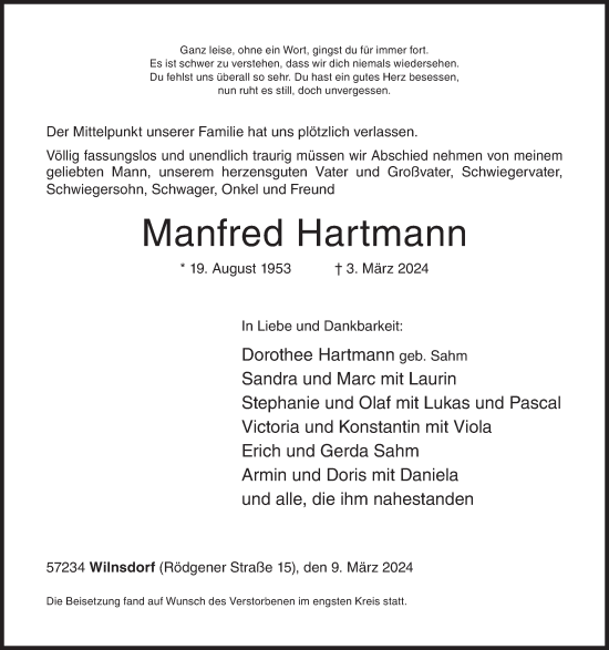 Traueranzeige von Manfred Hartmann von Siegener Zeitung