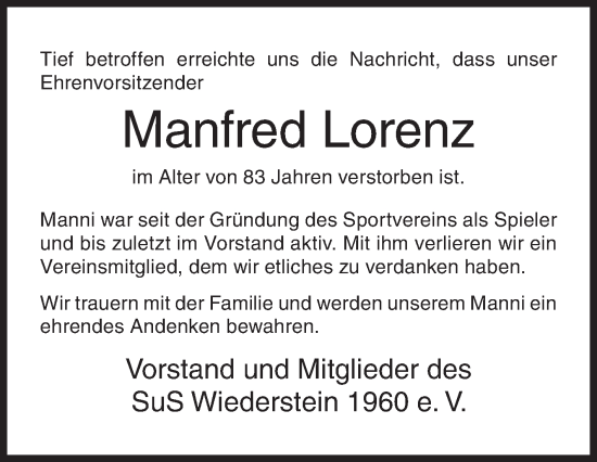 Traueranzeige von Manfred Lorenz von Siegener Zeitung