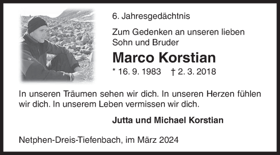 Traueranzeige von Marco Korstian von Siegener Zeitung