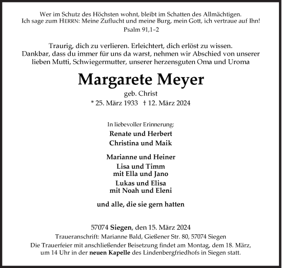 Traueranzeige von Margarete Meyer von Siegener Zeitung