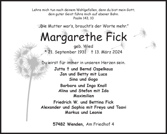 Traueranzeige von Margarethe Fick von Siegener Zeitung