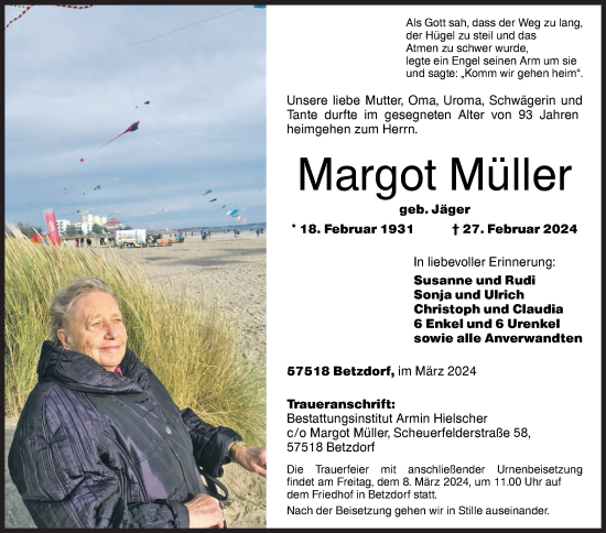 Traueranzeige von Margot Müller von Siegener Zeitung