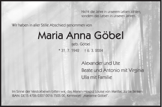 Traueranzeige von Maria Anna Göbel von Siegener Zeitung