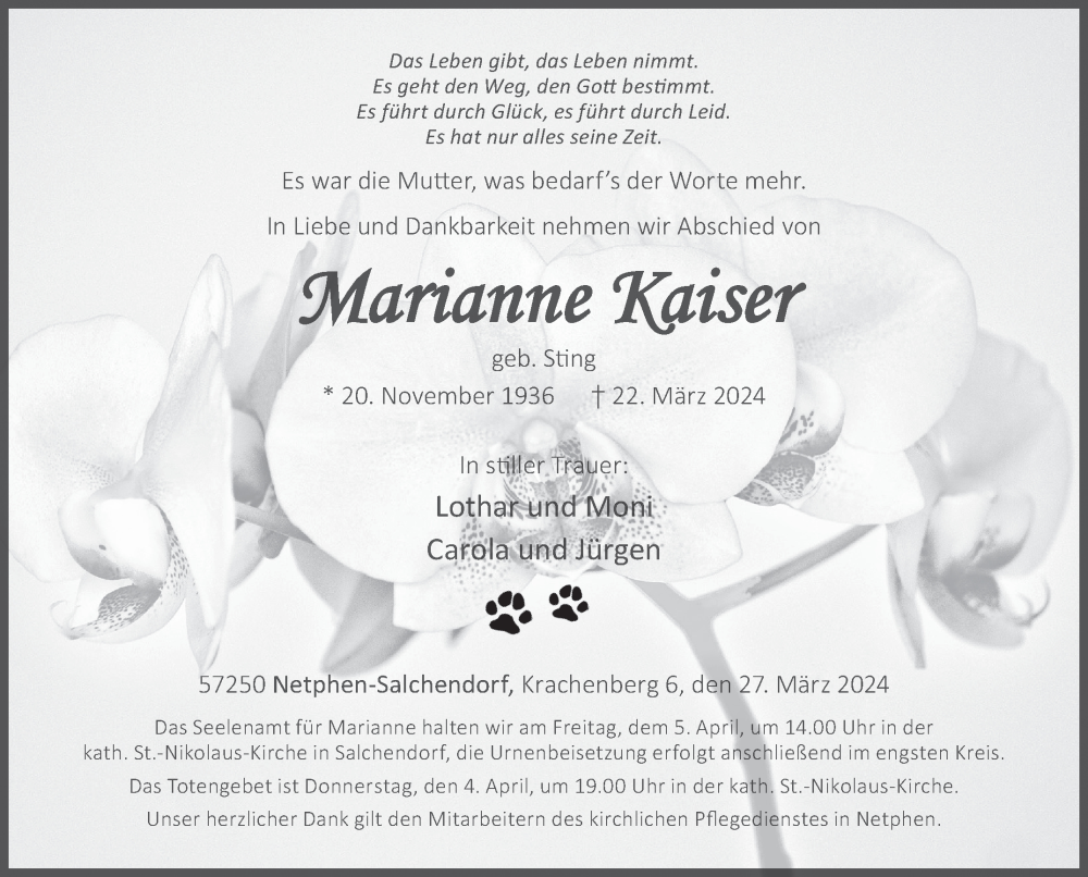  Traueranzeige für Marianne Kaiser vom 27.03.2024 aus Siegener Zeitung