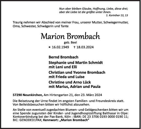 Traueranzeige von Marion Brombach von Siegener Zeitung