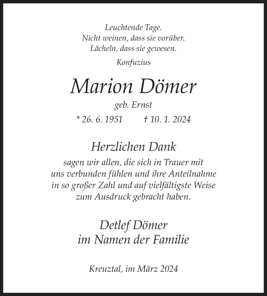 Traueranzeige von Marion Dömer von Siegener Zeitung
