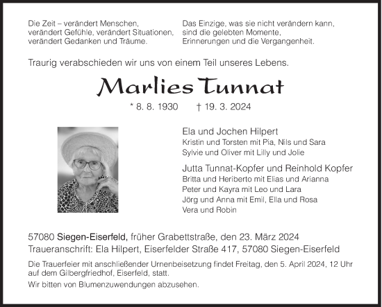 Traueranzeige von Marlies Tunnat von Siegener Zeitung