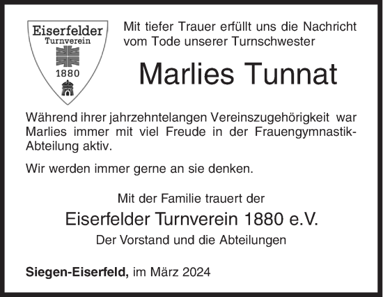 Traueranzeige von Marlies Tunnat von Siegener Zeitung