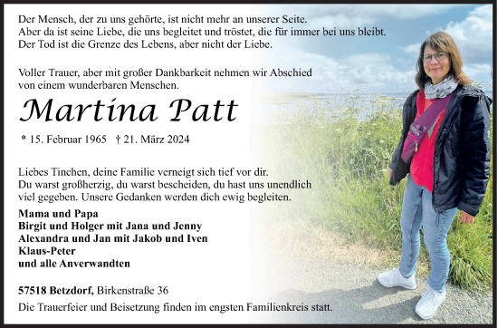 Traueranzeige von Martina Patt von Siegener Zeitung