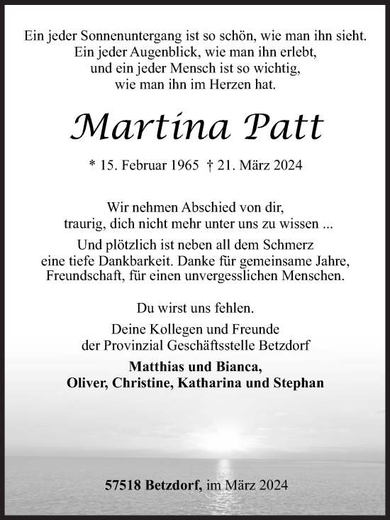 Traueranzeige von Martina Patt von Siegener Zeitung