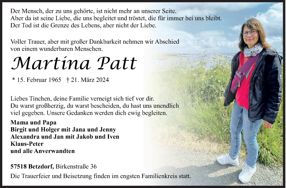  Traueranzeige für Martina Patt vom 26.03.2024 aus Siegener Zeitung