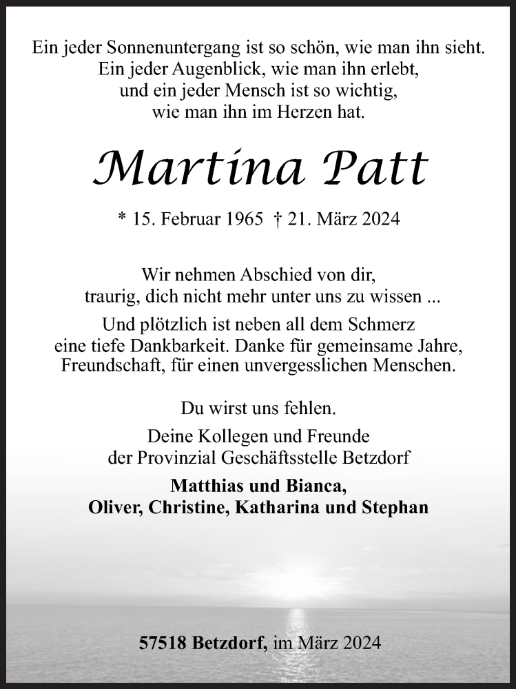  Traueranzeige für Martina Patt vom 27.03.2024 aus Siegener Zeitung