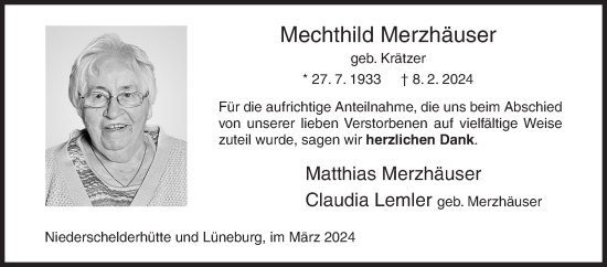 Traueranzeige von Mechthild Merzhäuser von Siegener Zeitung