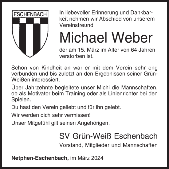 Traueranzeige von Michael Weber von Siegener Zeitung