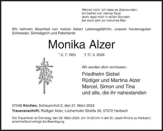 Traueranzeige von Monika Alzer von Siegener Zeitung