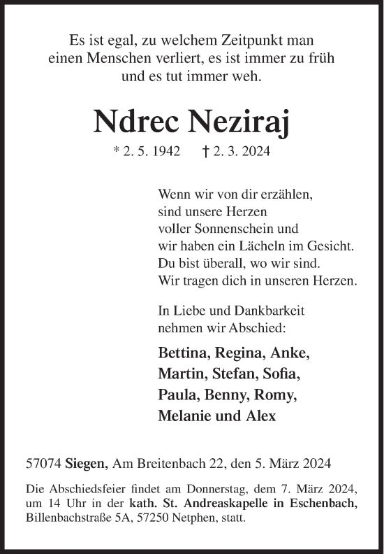 Traueranzeige von Ndrec Neziraj von Siegener Zeitung