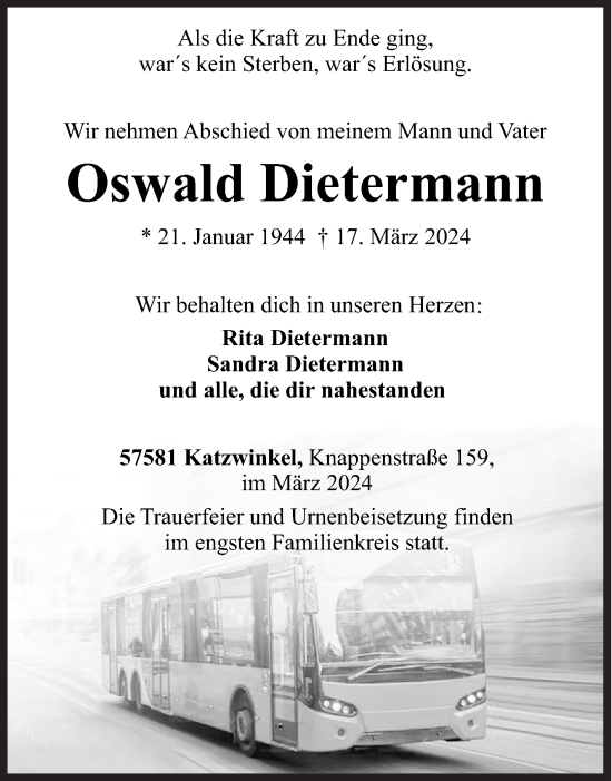 Traueranzeige von Oswald Dietermann von Siegener Zeitung