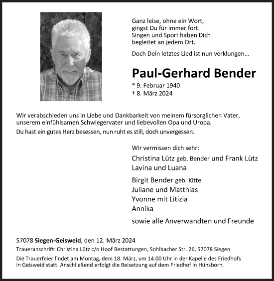 Traueranzeige von Paul-Gerhard Bender von Siegener Zeitung