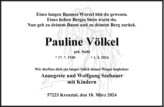 Traueranzeige von Pauline Völkel von Siegener Zeitung