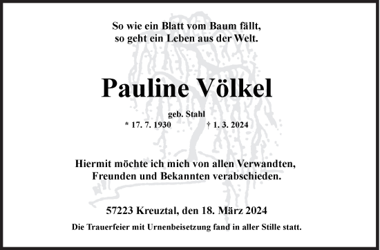 Traueranzeige von Pauline Völkel von Siegener Zeitung