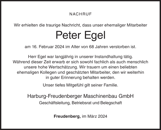 Traueranzeige von Peter Egel von Siegener Zeitung