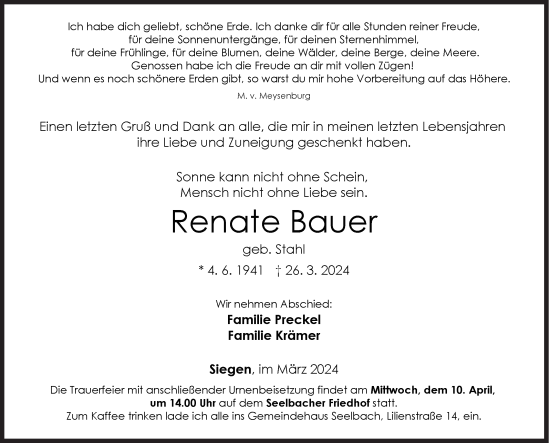 Traueranzeige von Renate Bauer von Siegener Zeitung