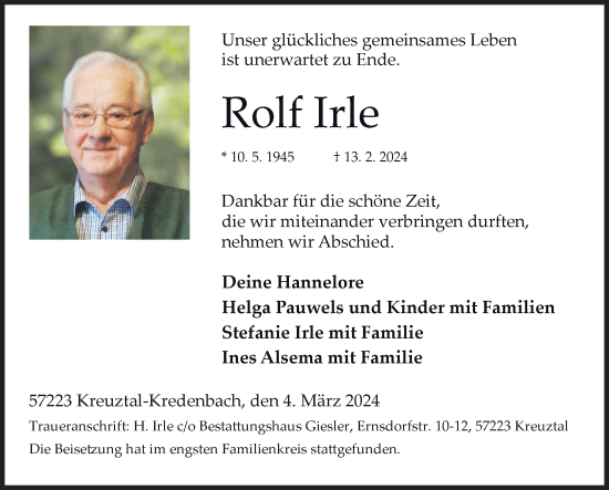 Traueranzeige von Rolf Irle von Siegener Zeitung