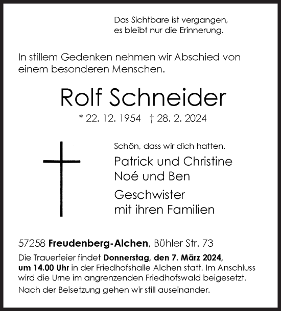 Traueranzeige von Rolf Schneider von Siegener Zeitung