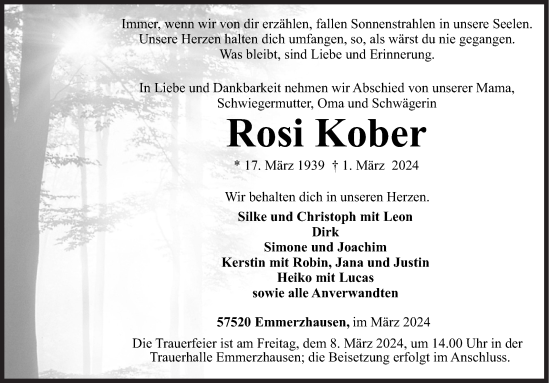 Traueranzeige von Rosi Kober von Siegener Zeitung