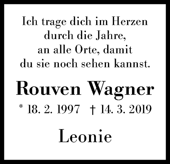 Traueranzeige von Rouven Wagner von Siegener Zeitung