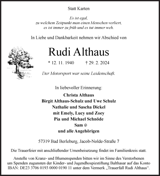 Traueranzeige von Rudi Althaus von Siegener Zeitung