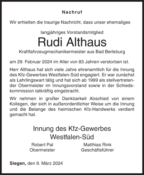 Traueranzeige von Rudi Althaus von Siegener Zeitung
