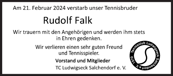 Traueranzeige von Rudolf Falk von Siegener Zeitung