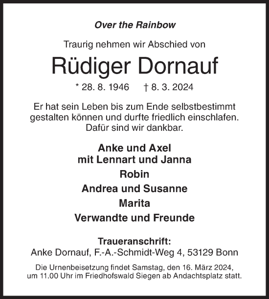 Traueranzeige von Rüdiger Dornauf von Siegener Zeitung