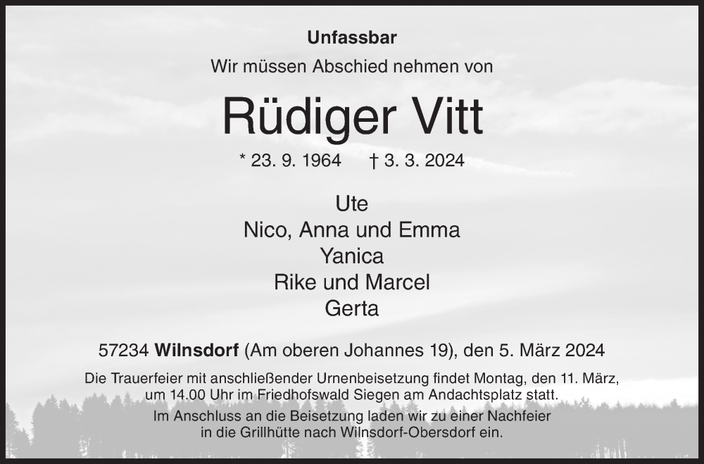  Traueranzeige für Rüdiger Vitt vom 05.03.2024 aus Siegener Zeitung