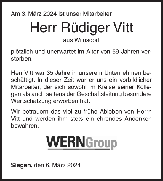 Traueranzeige von Rüdiger Vitt von Siegener Zeitung