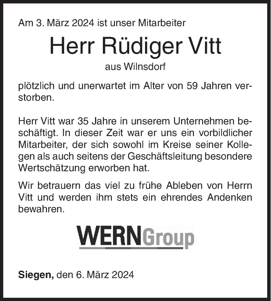  Traueranzeige für Rüdiger Vitt vom 06.03.2024 aus Siegener Zeitung