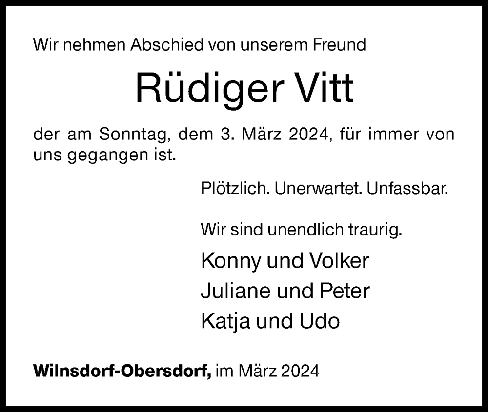  Traueranzeige für Rüdiger Vitt vom 06.03.2024 aus Siegener Zeitung
