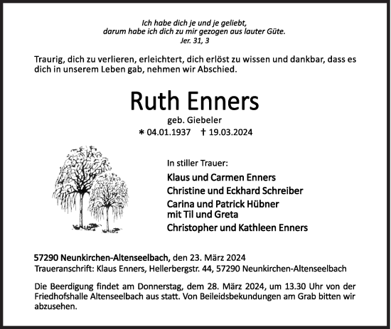 Traueranzeige von Ruth Enners von Siegener Zeitung