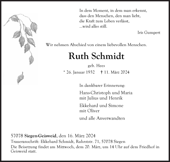 Traueranzeige von Ruth Schmidt von Siegener Zeitung