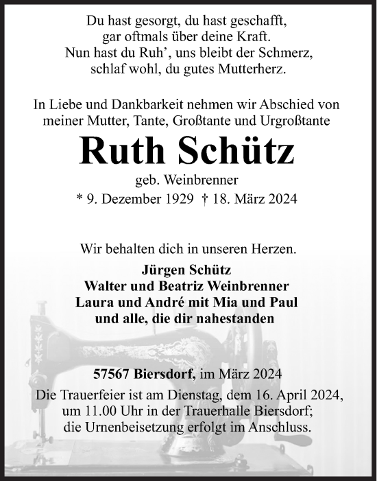 Traueranzeige von Ruth Schütz von Siegener Zeitung